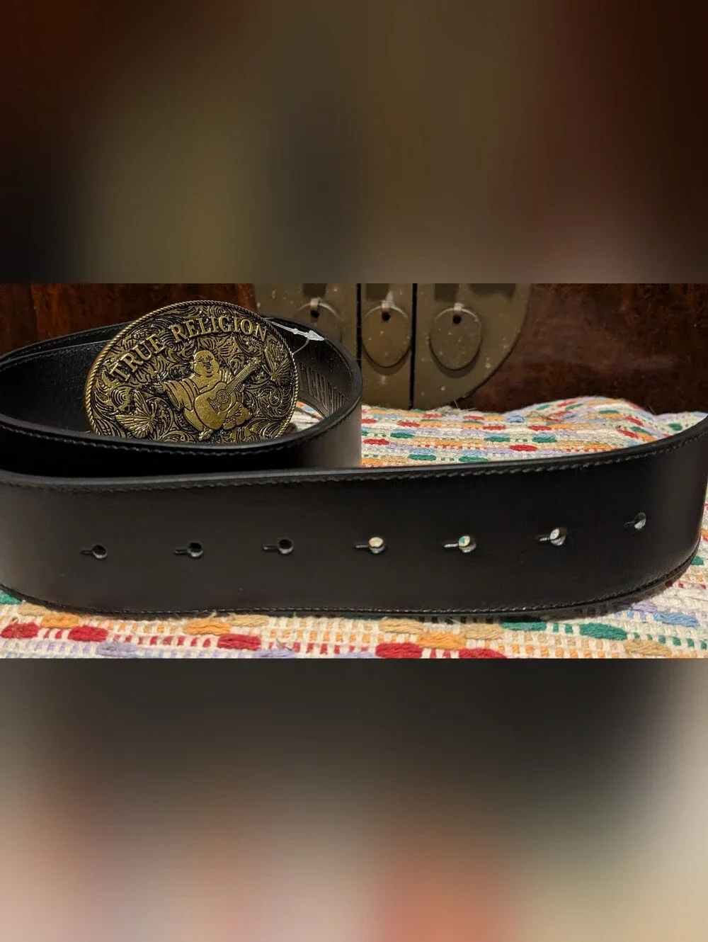 NWOT True Religion Buddha Guitar Brass Oval Buckle Black Belt 33